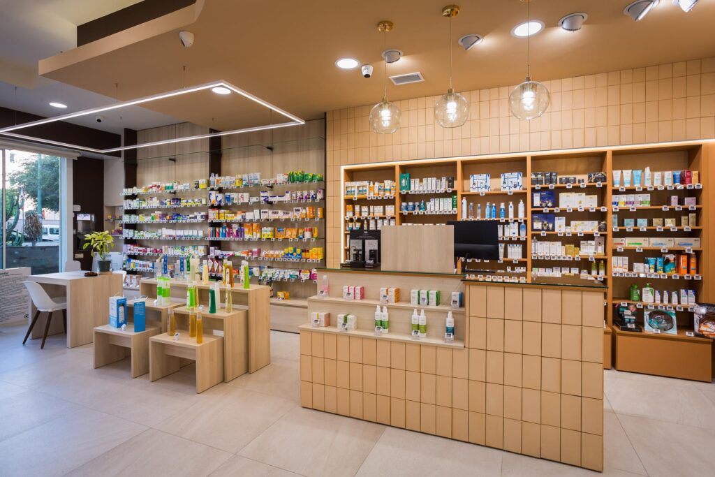 Farmacia diseño iluminación color terracota Las Palmas de Gran Canaria